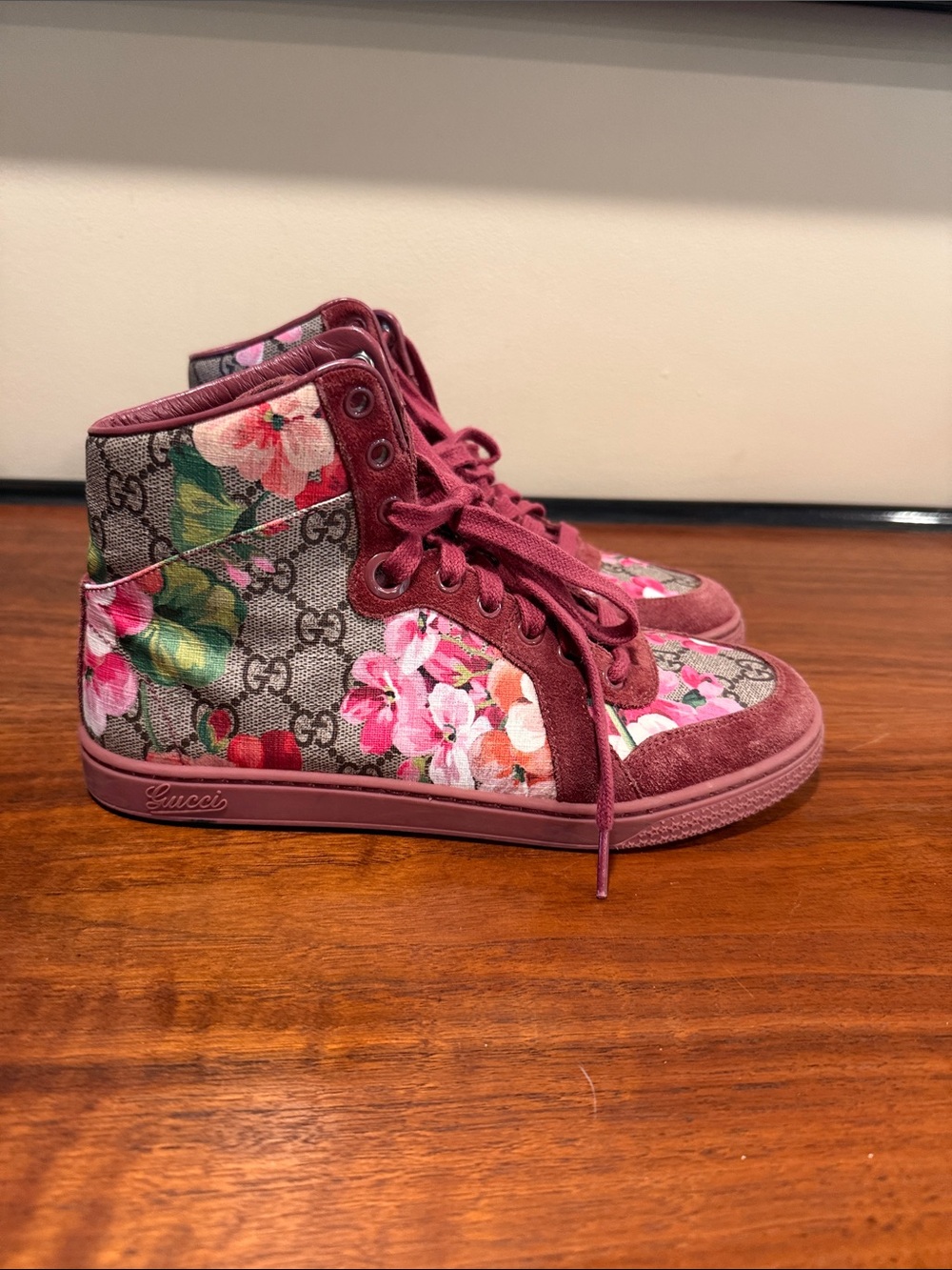Gucci Floral High-Top Sneakers in Burgundy, Logo, and Pink Floral - Size 36
